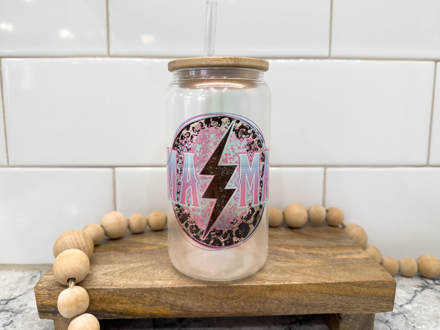 Mama Grunge Lightning | 16 oz Can Glass with Bamboo Lid | Purple Iridescent | Glass Drinkware