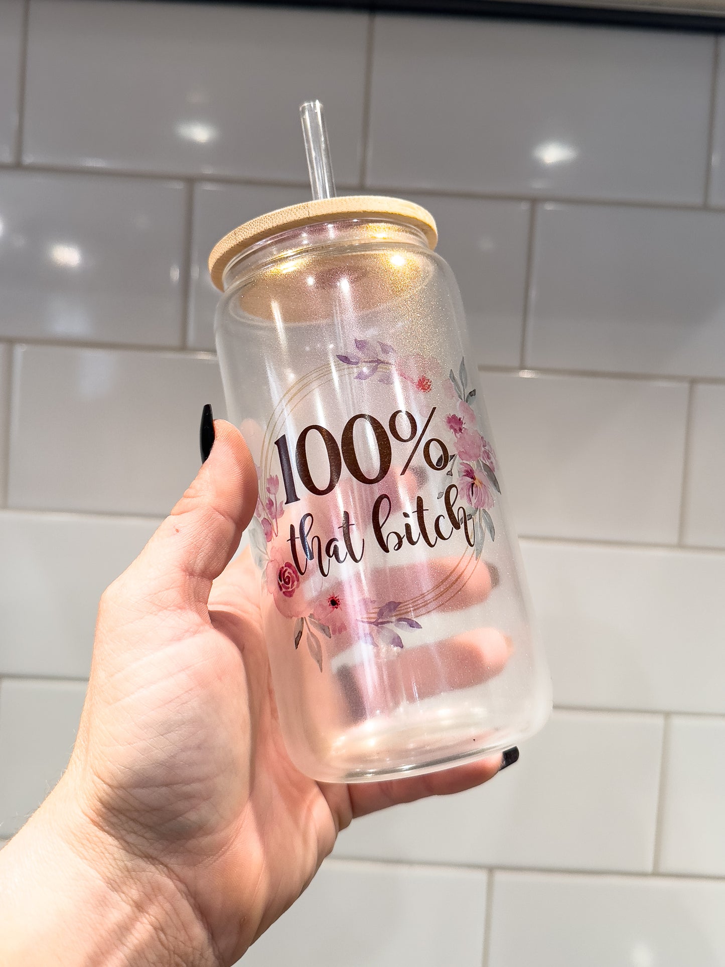 100% That B!itch | Sweary | 16 oz Can Glass with Bamboo Lid | Purple Iridescent | Glass Drinkware