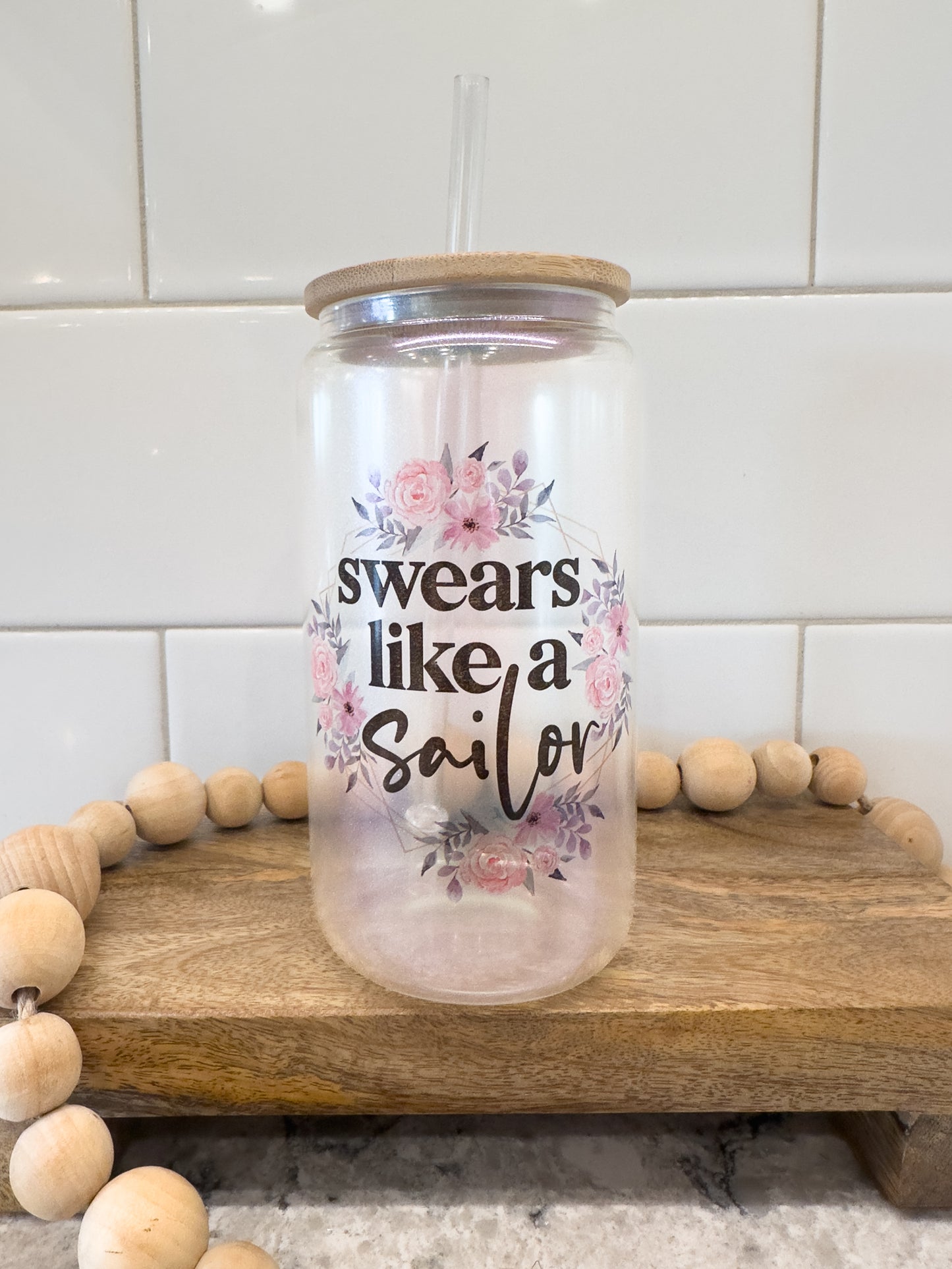 Swears Like A Sailor | 16 oz Can Glass with Bamboo Lid | Green Iridescent | Glass Drinkware