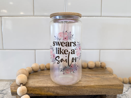 Swears Like A Sailor | 16 oz Can Glass with Bamboo Lid | Green Iridescent | Glass Drinkware