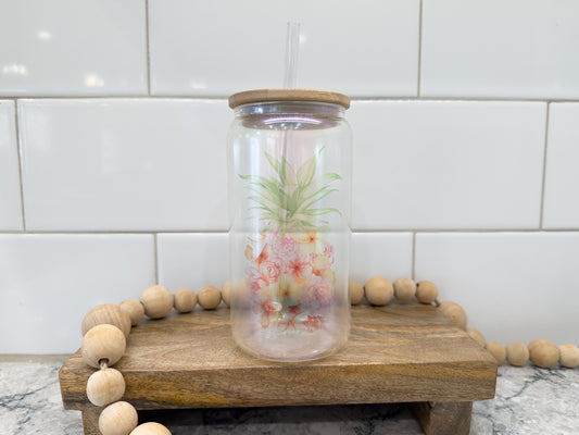 Floral Pineapple | 16 oz Can Glass with Bamboo Lid | Green Iridescent | Glass Drinkware | B Grade |  Sale