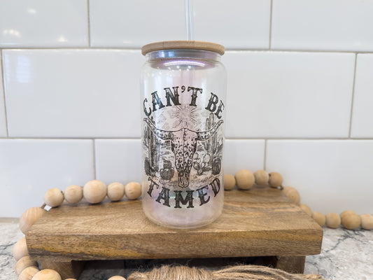 Can't Be Tamed | 16 oz Can Glass with Bamboo Lid | Green Iridescent | Glass Drinkware