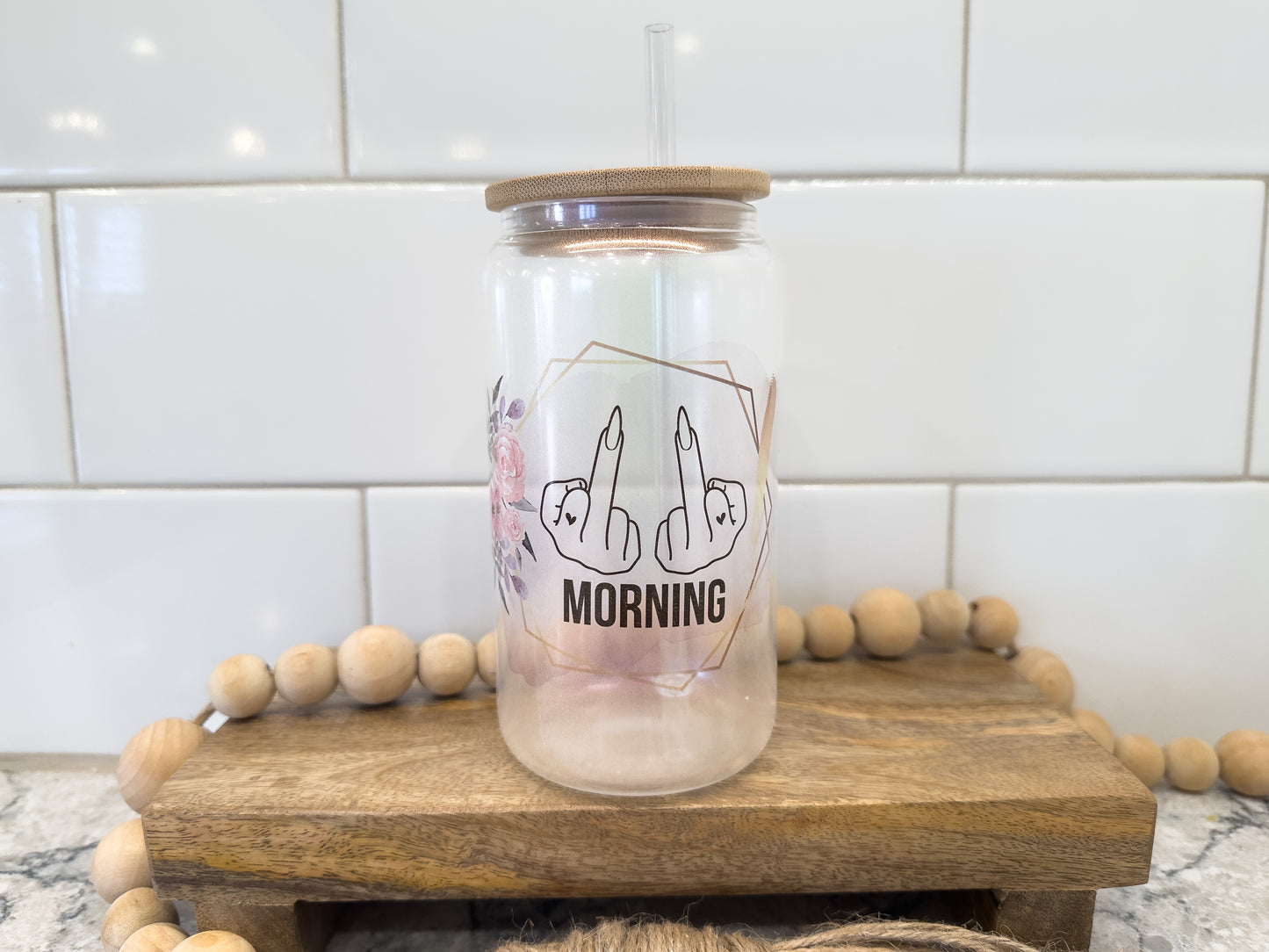 Morning | Middle Finger | 16 oz Can Glass with Bamboo Lid | Pink Iridescent | Glass Drinkware