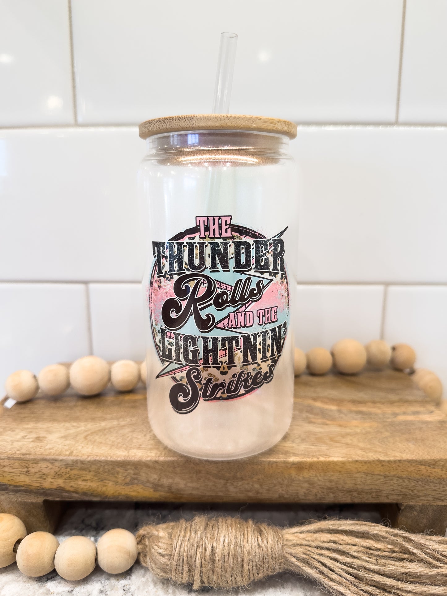 The Thunder Rolls | 16 oz Can Glass with Bamboo Lid | Pink Iridescent | Glass Drinkware