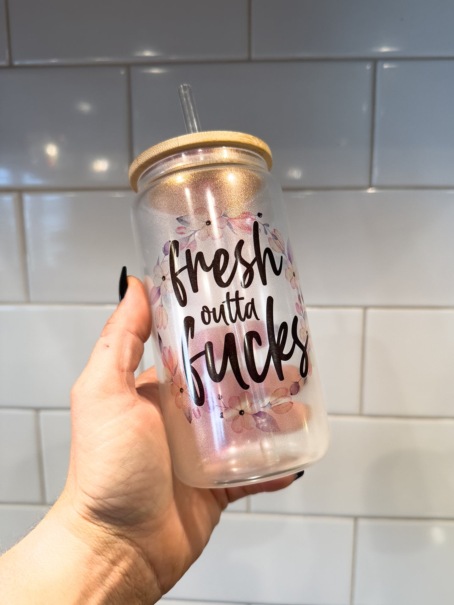 Fresh Out Of F@cks | 16 oz Can Glass with Bamboo Lid | Pink Iridescent | Glass Drinkware