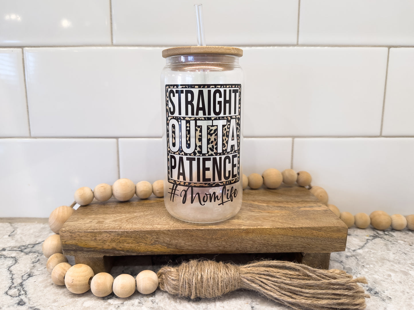 Straight Outta Patience | 16 oz Can Glass with Bamboo Lid | Pink Iridescent | Glass Drinkware