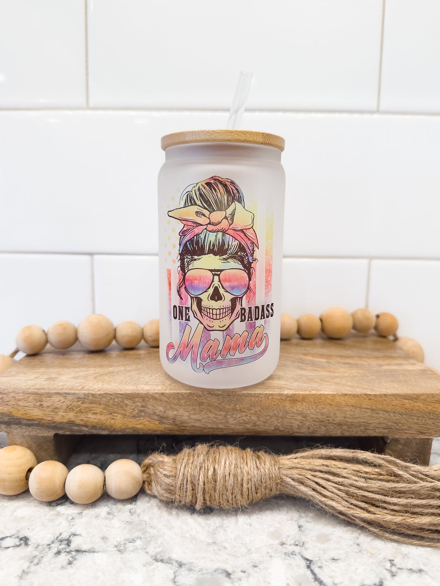One Badass Mama | 12 oz Can Glass with Bamboo Lid | Frosted