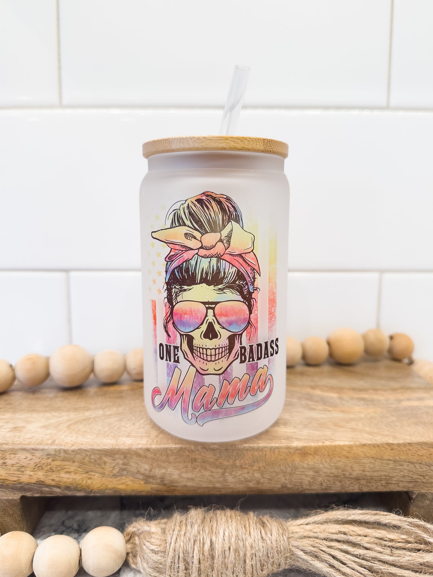 One Badass Mama | 12 oz Can Glass with Bamboo Lid | Frosted
