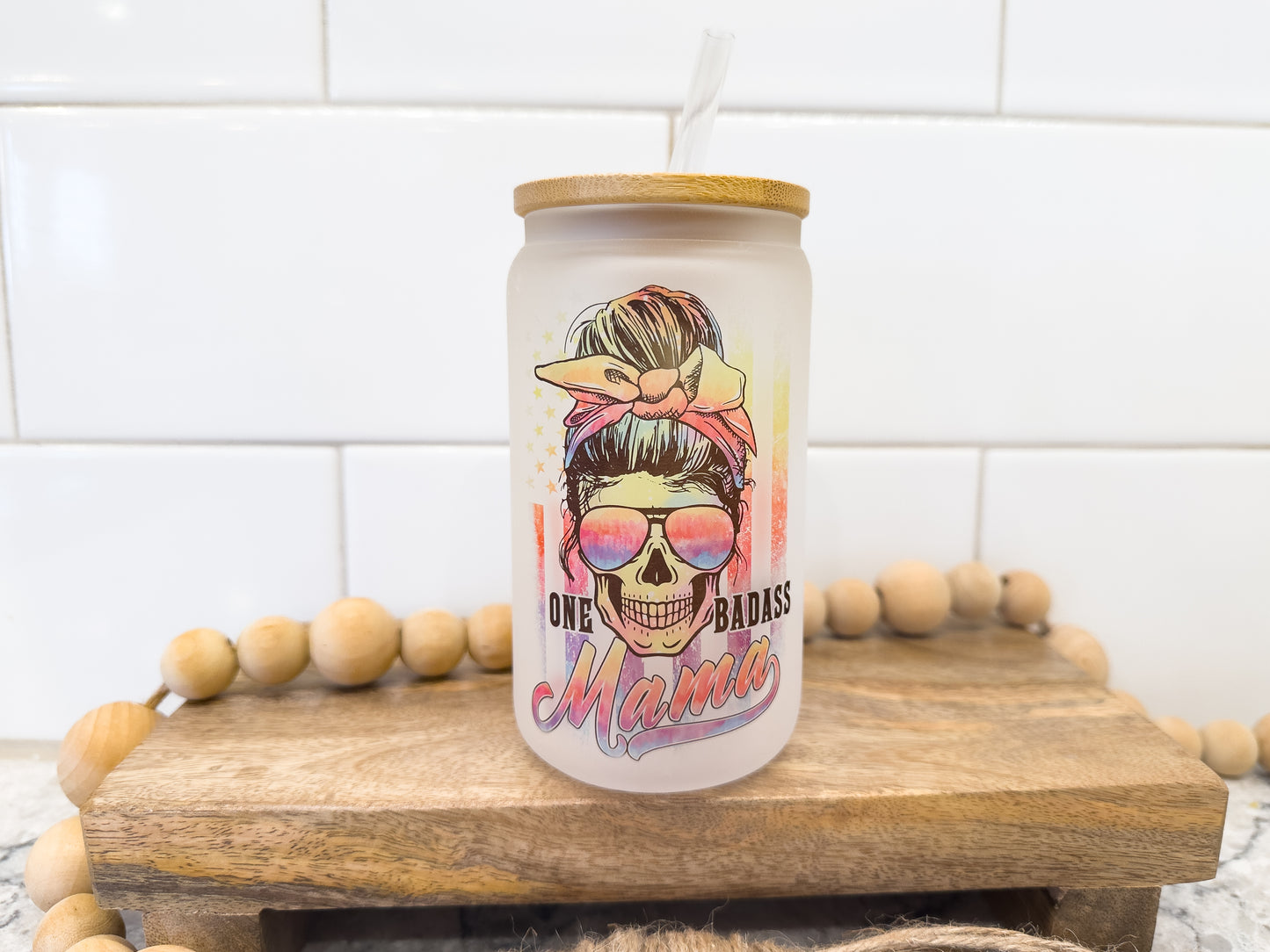 One Badass Mama | 12 oz Can Glass with Bamboo Lid | Frosted