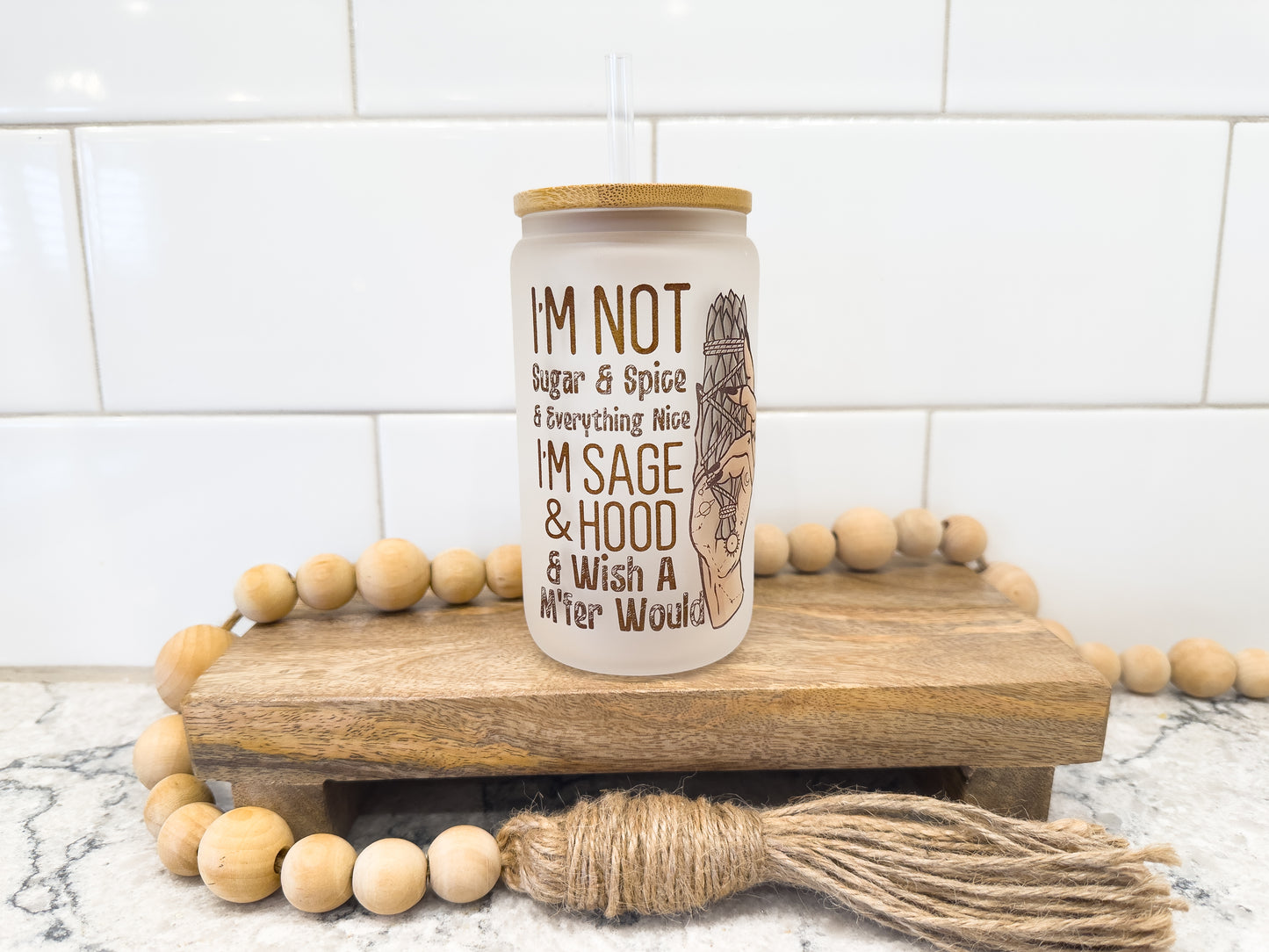 Sage & Hood | 12 oz Can Glass with Bamboo Lid | Frosted