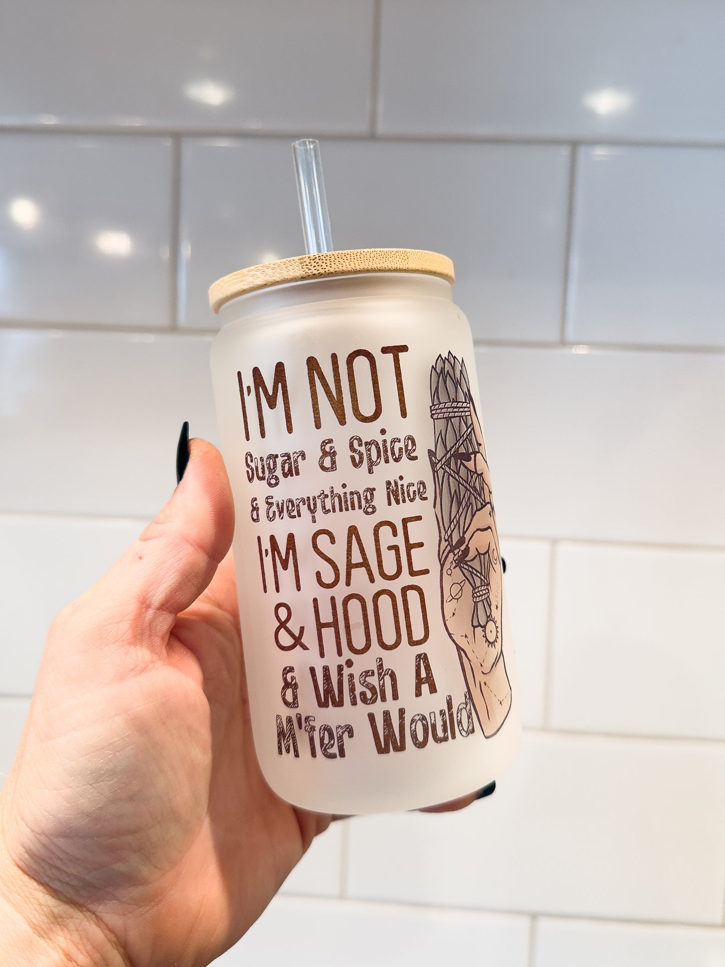 Sage & Hood | 12 oz Can Glass with Bamboo Lid | Frosted