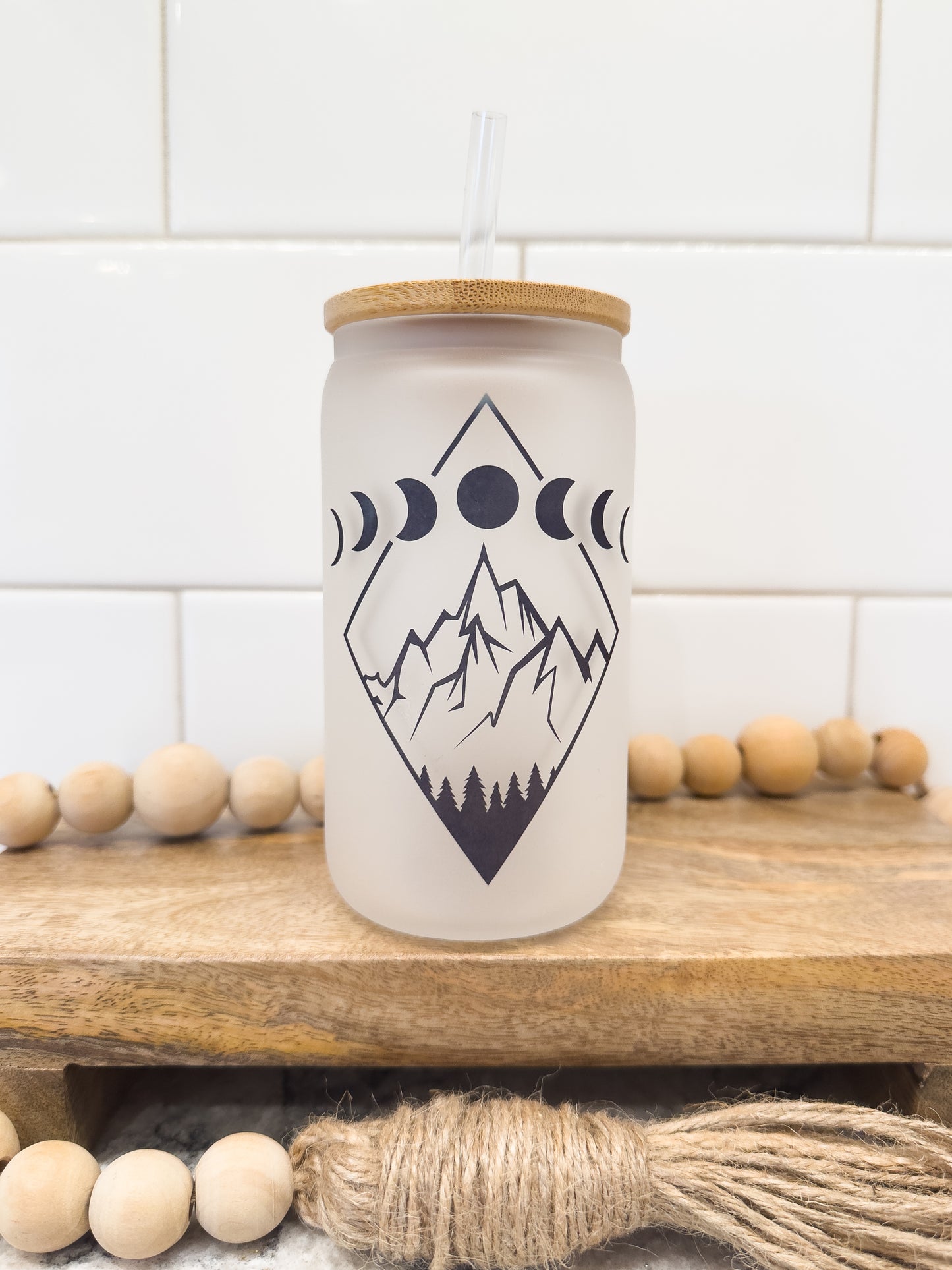 Moon Phases | 12 oz Can Glass with Bamboo Lid | Frosted