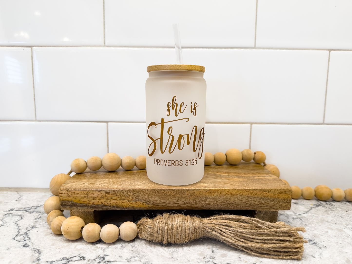 She is Strong | 12 oz Can Glass with Bamboo Lid | Frosted