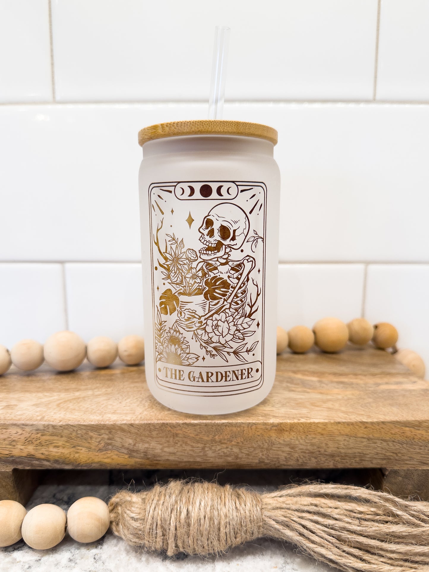 The Gardener | Tarot Card Collection |  12 oz Can Glass with Bamboo Lid | Frosted Glass Drinkware