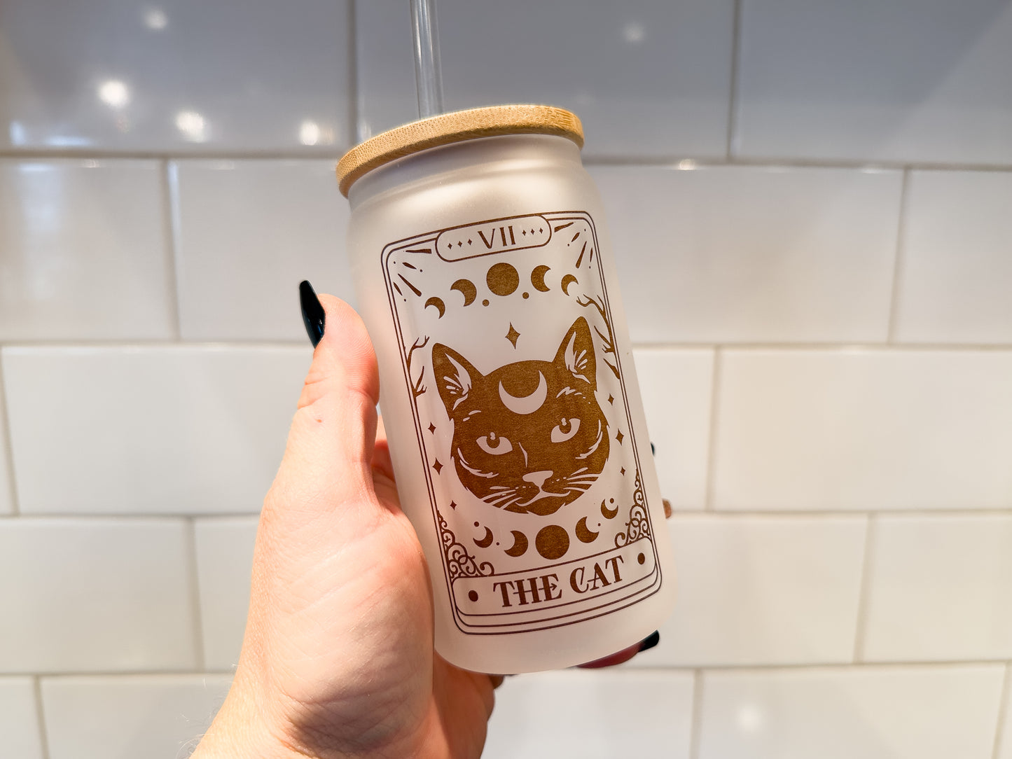 The Cat | Tarot Card Collection |  12 oz Can Glass with Bamboo Lid | Frosted Glass Drinkware