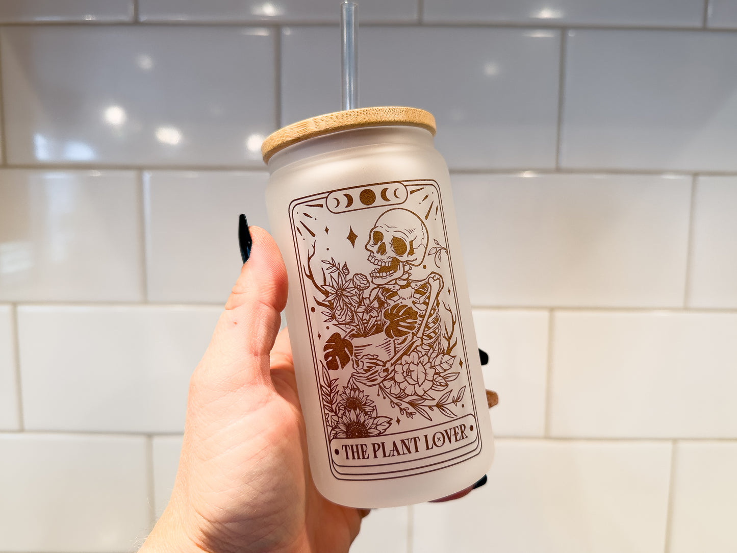 The Plant Lover | Tarot Card Collection |  12 oz Can Glass with Bamboo Lid | Frosted Glass Drinkware
