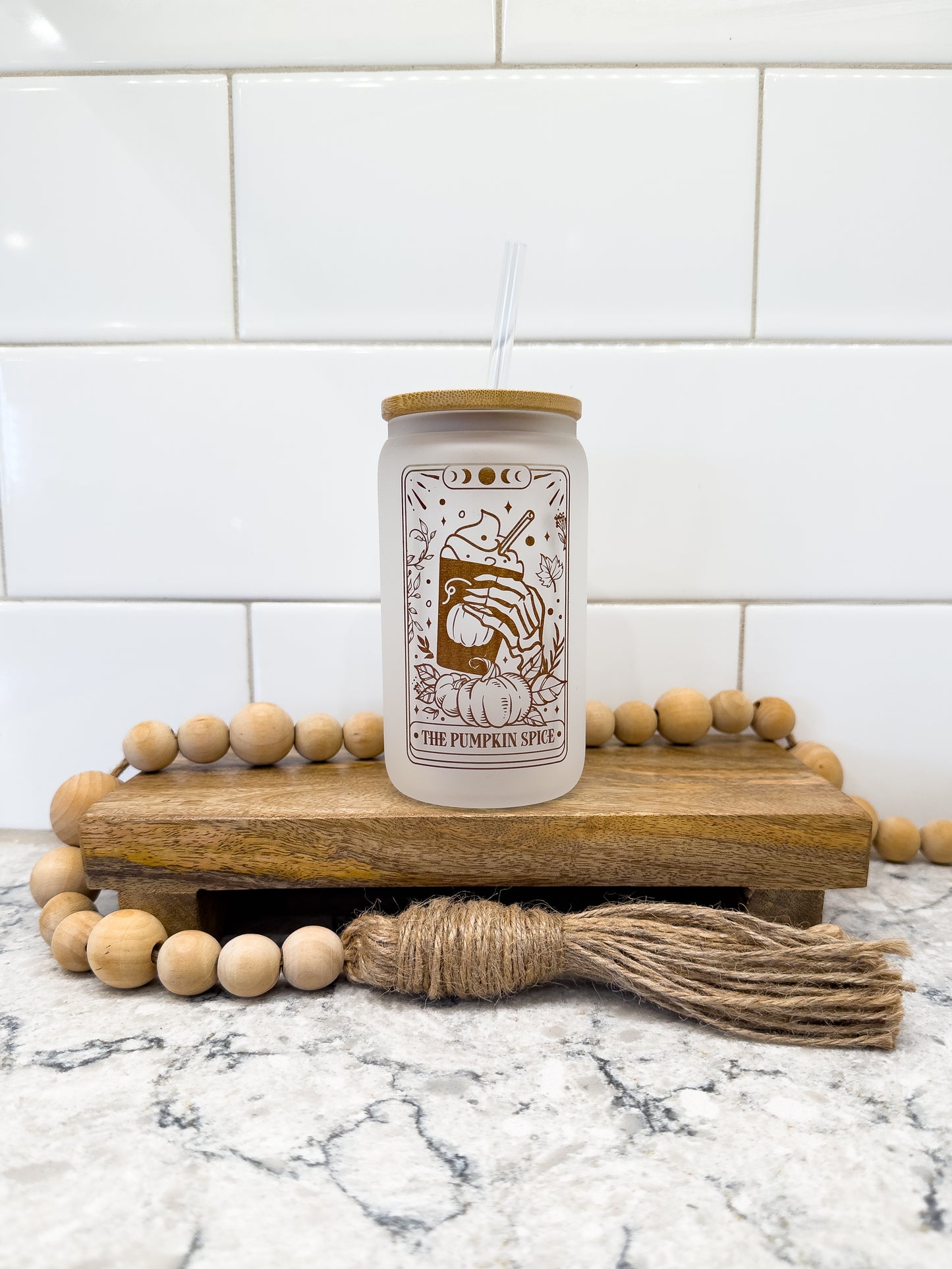 The Pumpkin Spice | Tarot Card Collection |  12 oz Can Glass with Bamboo Lid | Frosted Glass Drinkware