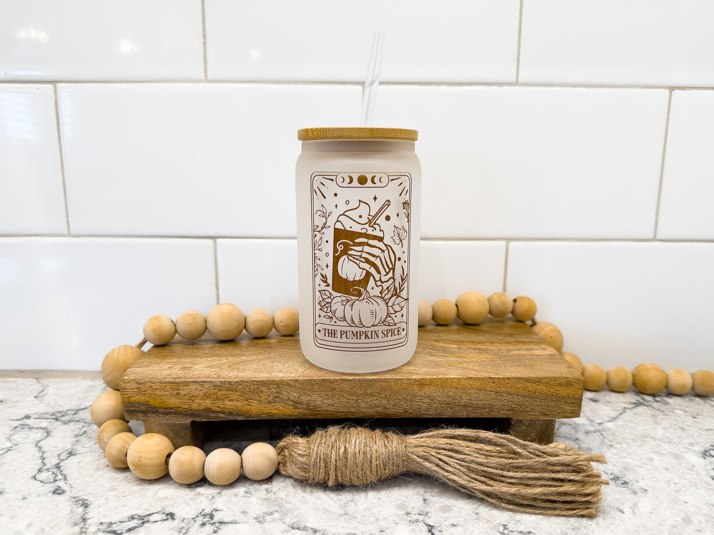 The Pumpkin Spice | Tarot Card Collection |  12 oz Can Glass with Bamboo Lid | Frosted Glass Drinkware