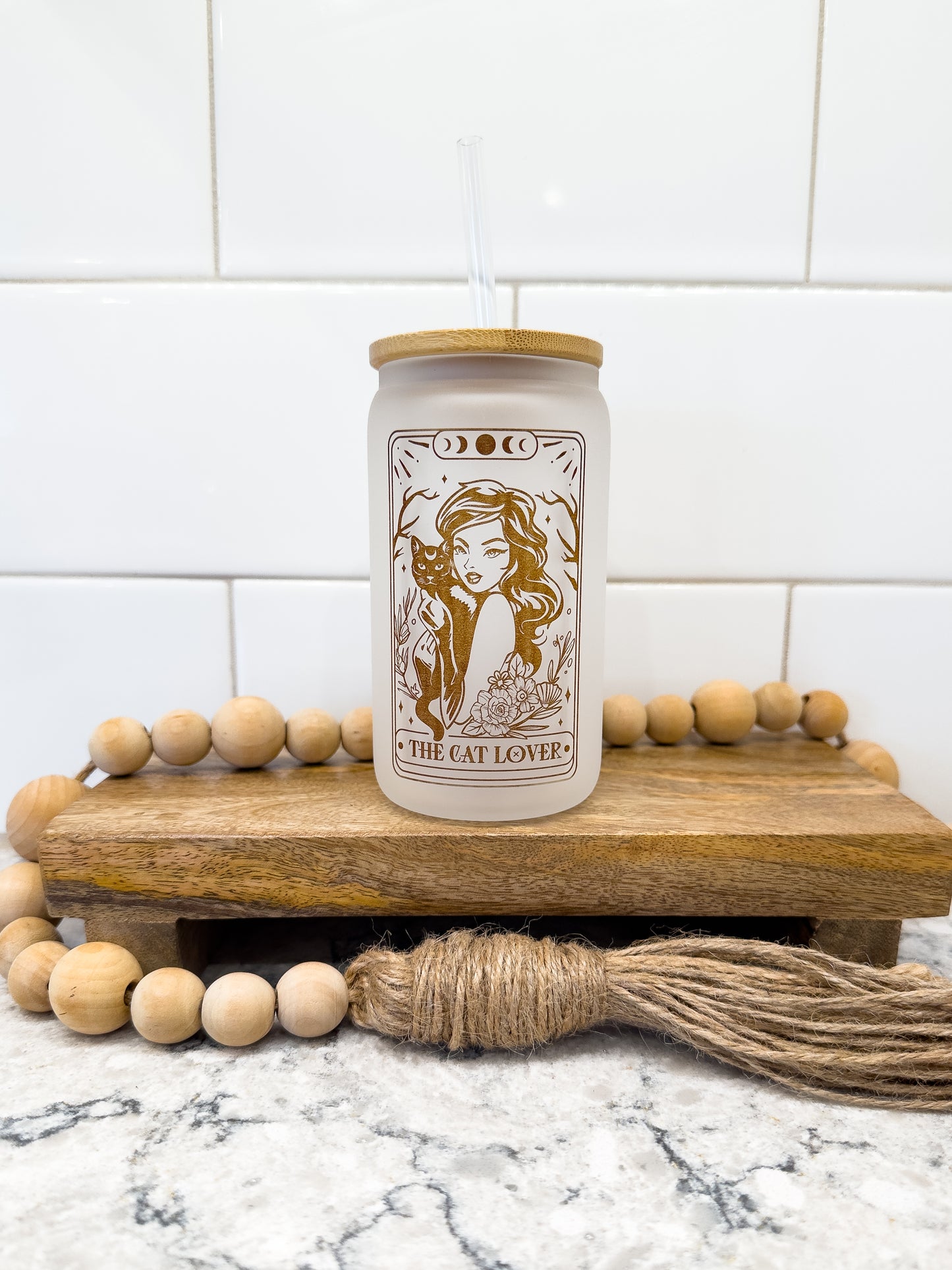 The Cat Lover | Tarot Card Collection |  12 oz Can Glass with Bamboo Lid | Frosted Glass Drinkware