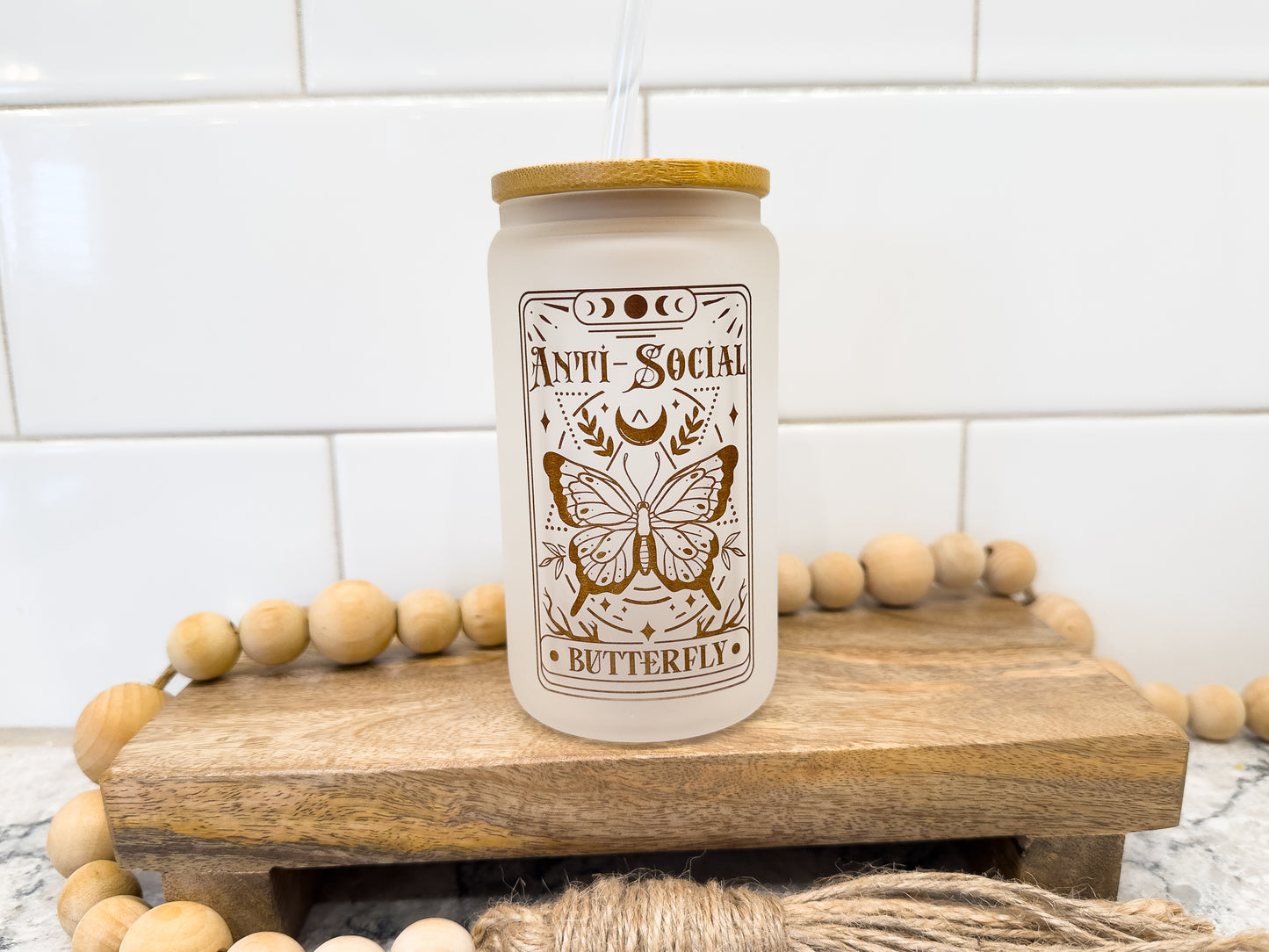 The Anti-Social Butterfly | Tarot Card Collection |  12 oz Can Glass with Bamboo Lid | Frosted Glass Drinkware