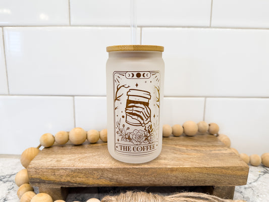 The Coffee | Tarot Card Collection |  12 oz Can Glass with Bamboo Lid | Frosted Glass Drinkware