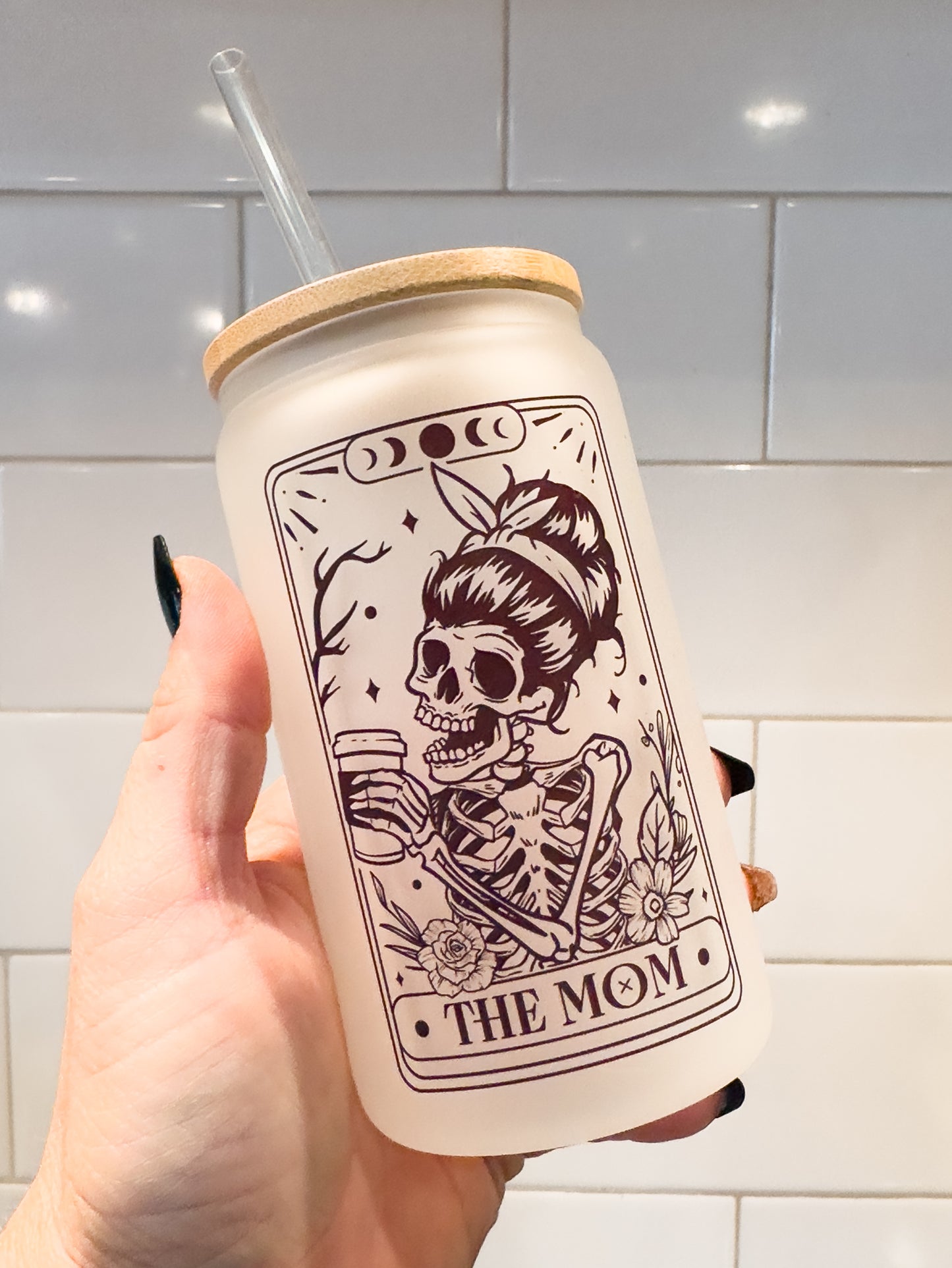 The Mom | Skeleton | Tarot Card Collection |  12 oz Can Glass with Bamboo Lid | Frosted Glass Drinkware