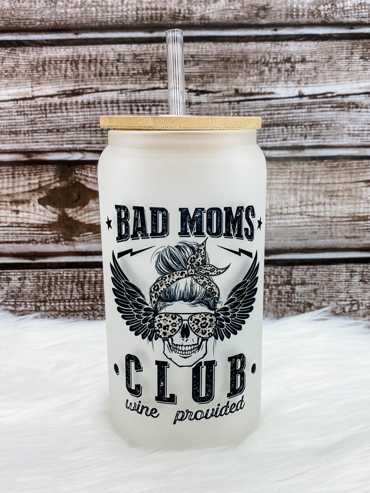 Bad Moms Club 16oz Can Glass with Bamboo Lid - Frosted