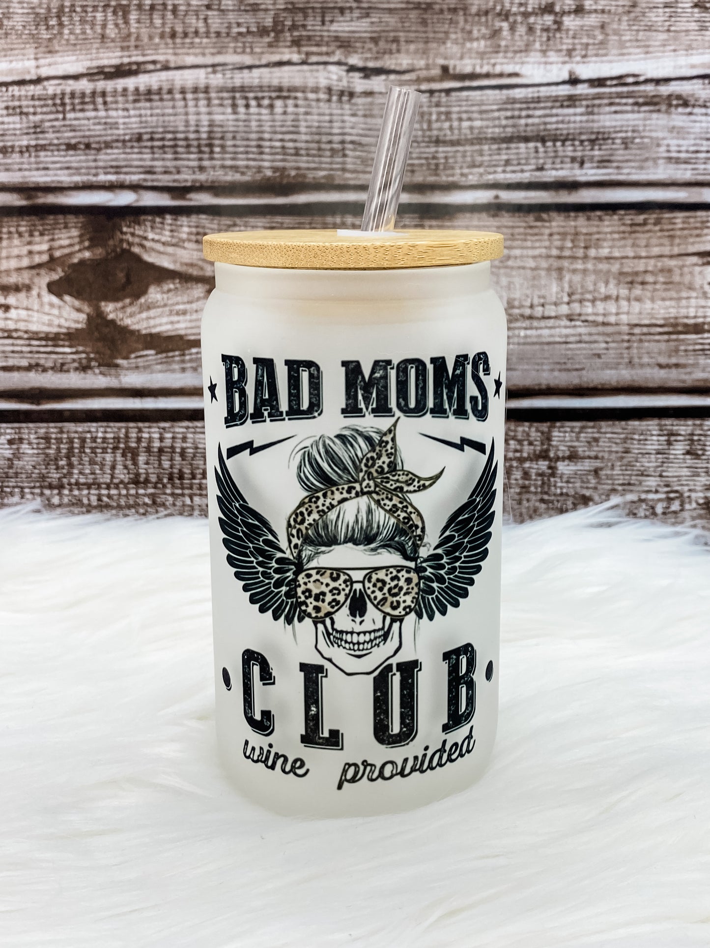 Bad Moms Club 12oz Can Glass with Bamboo Lid - Frosted