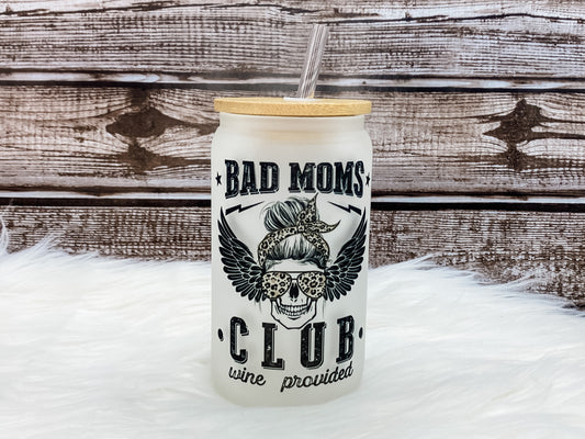 Bad Moms Club 12 oz Can Glass with Bamboo Lid - Frosted