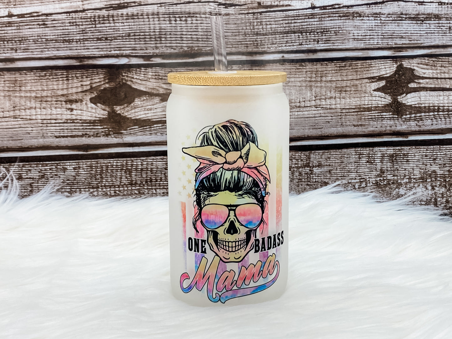 One Badass Mama 12 oz Can Glass with Bamboo Lid - Frosted