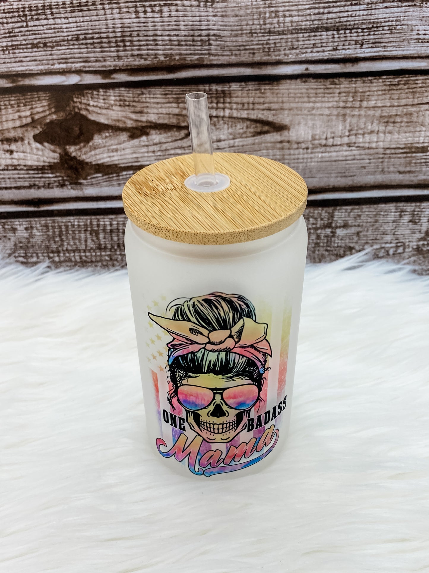 One Badass Mama 12oz Can Glass with Bamboo Lid - Frosted