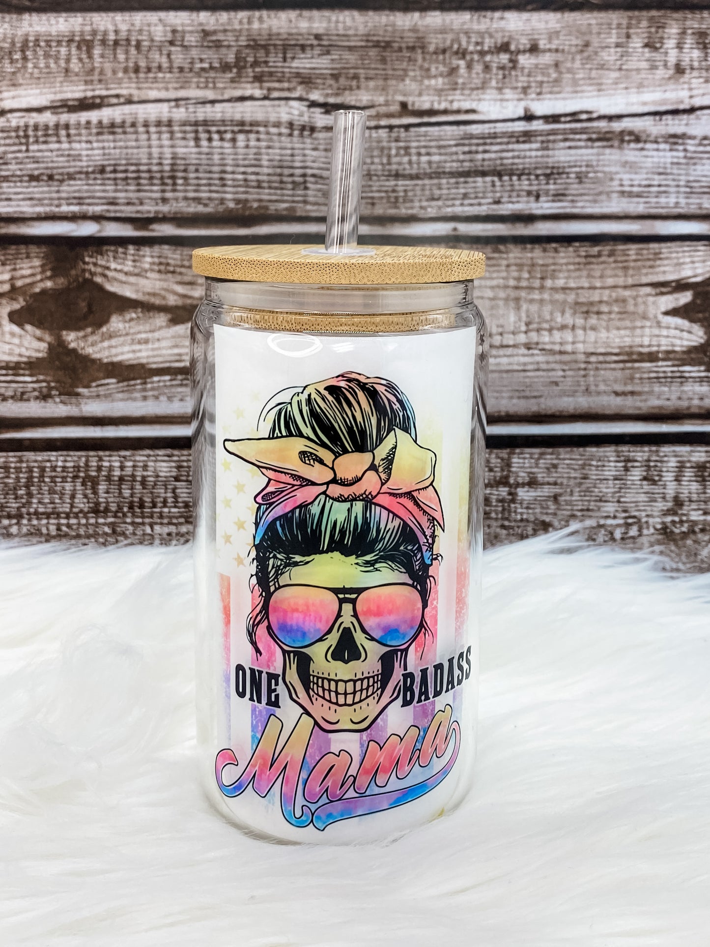 One Badass Mama 12oz Can Glass with Bamboo Lid - Clear