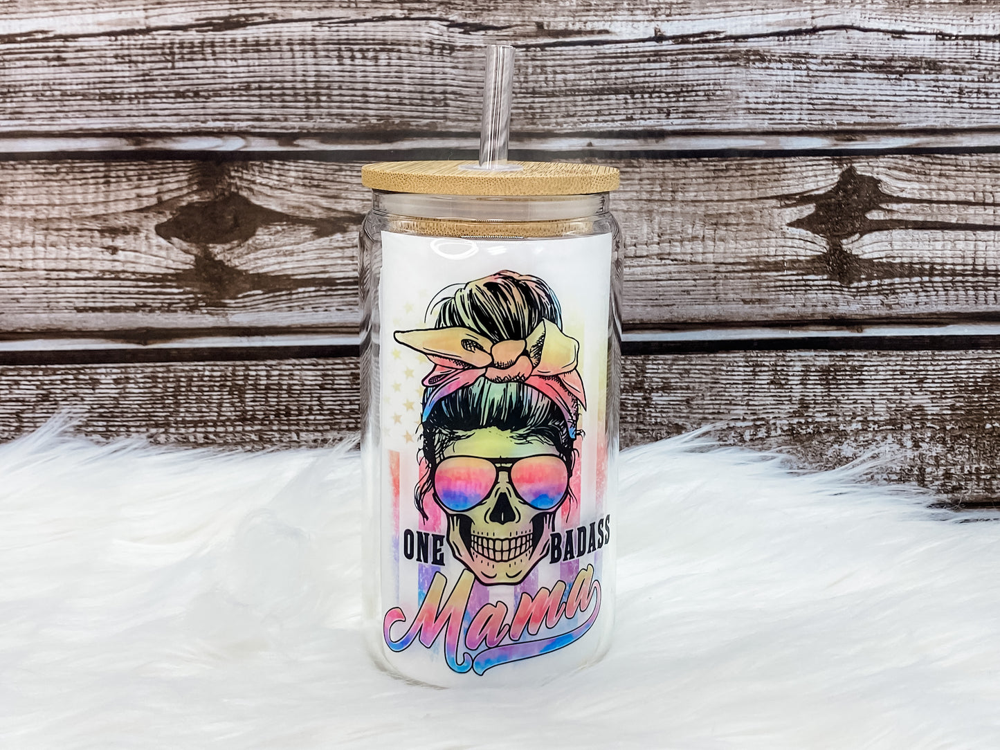 One Badass Mama 12oz Can Glass with Bamboo Lid - Clear