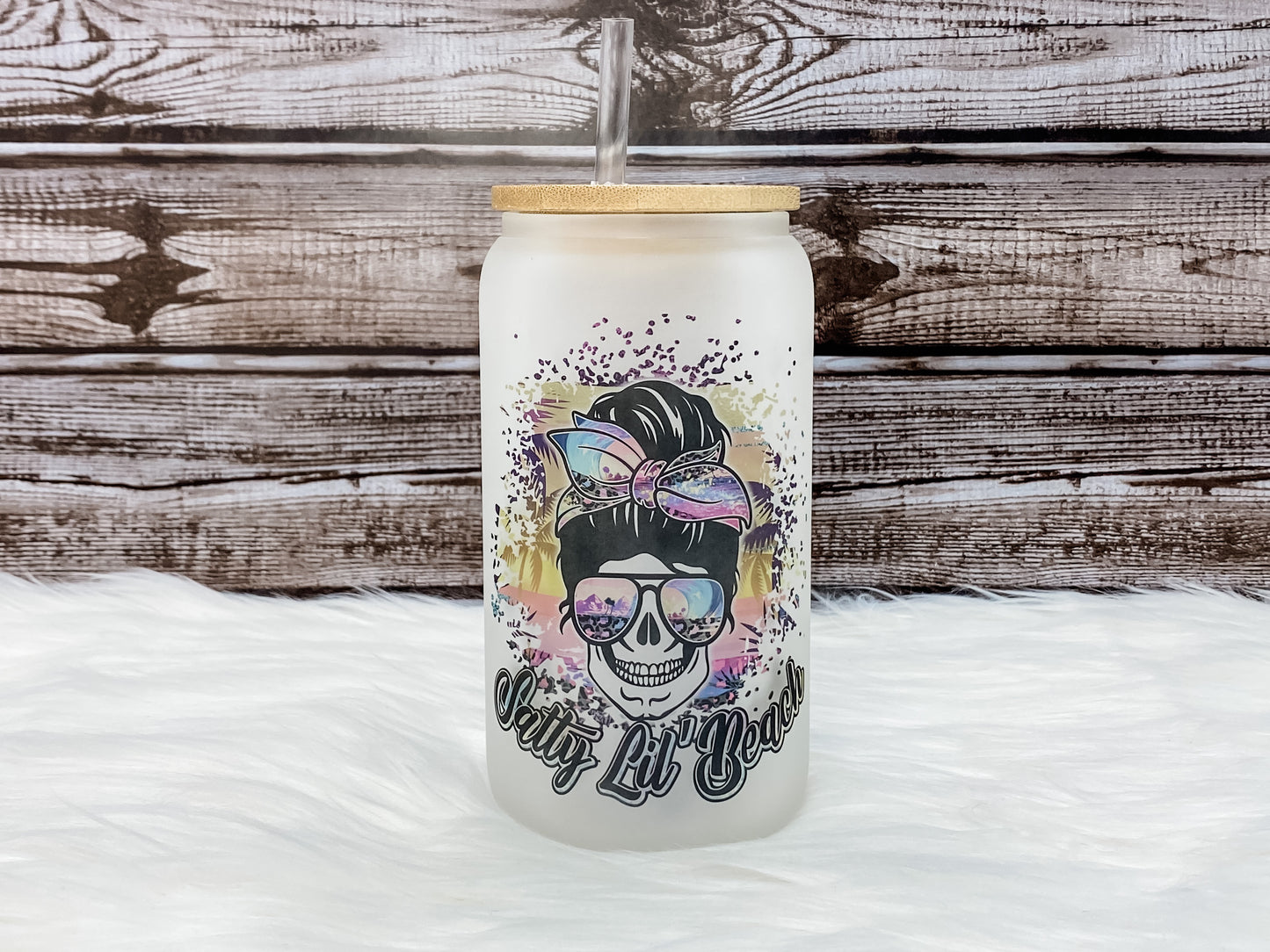 Salty Lil Beach 16oz Can Glass with Bamboo Lid - Frosted