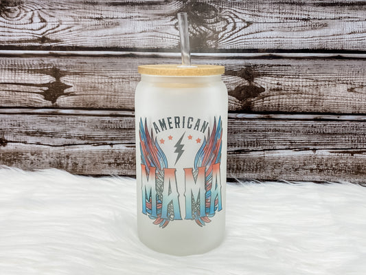 American Mama 16 oz Can Glass with Bamboo Lid - Frosted