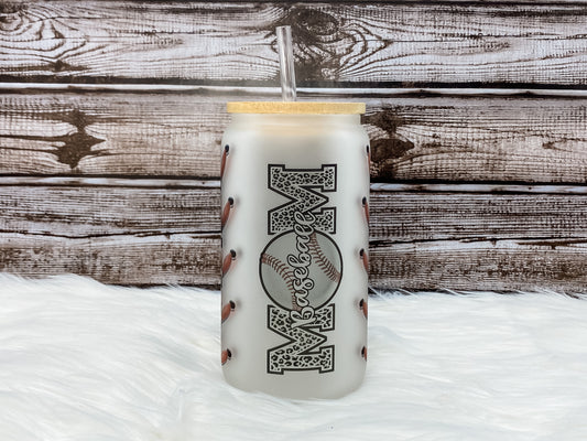 Baseball Mom - Leopard - 16oz Can Glass with Bamboo Lid - Frosted