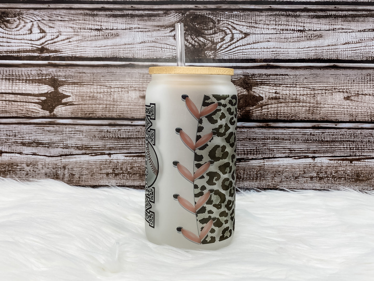 Baseball Mom - Leopard - 16oz Can Glass with Bamboo Lid - Frosted
