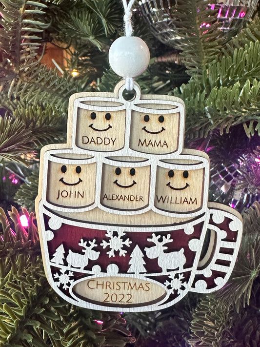 Hot Cocoa and Marshmallows Family Personalized Ornaments | Name Ornament | Wooden Christmas Ornament | Farmhouse Christmas Ornament