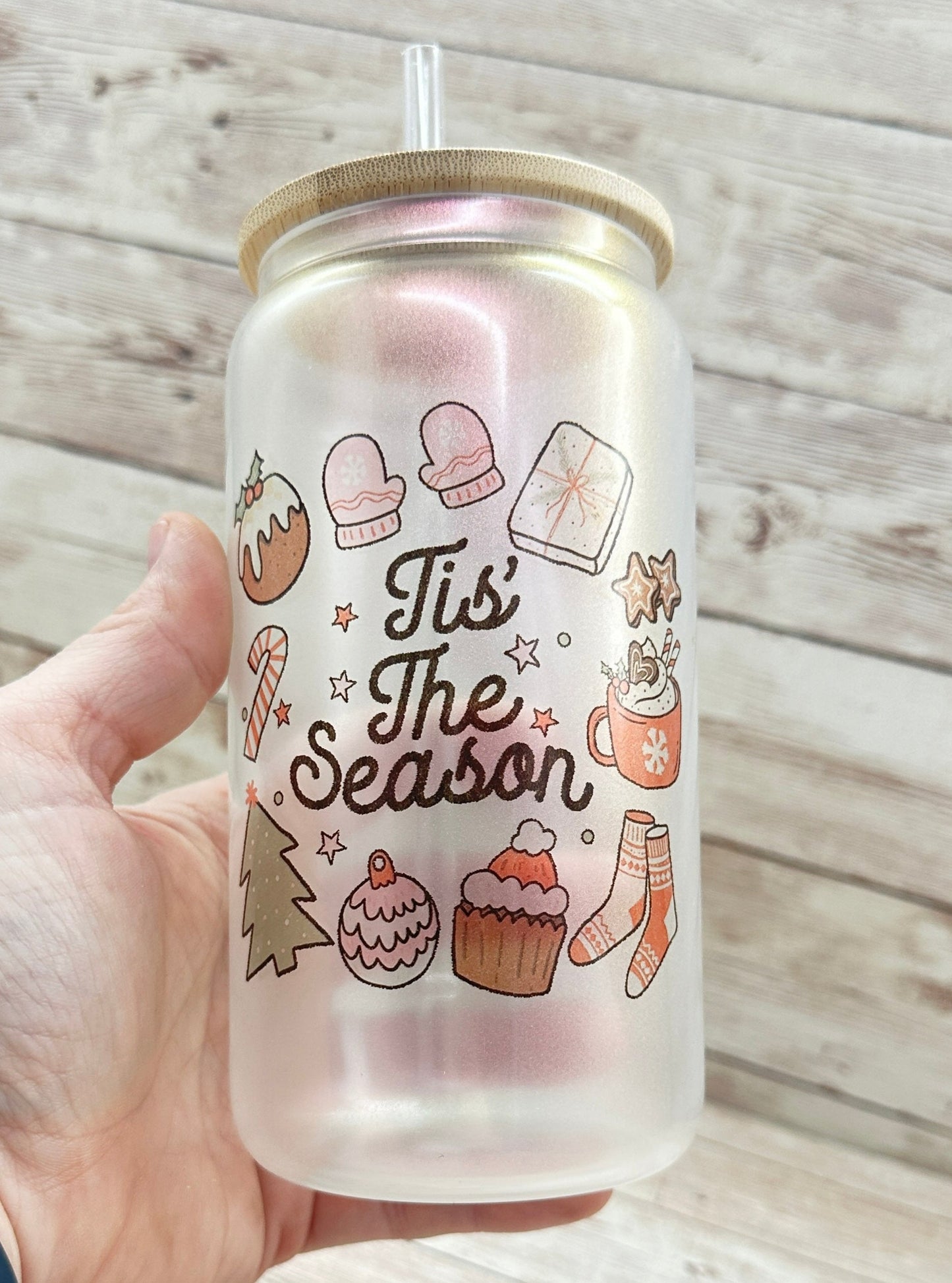 Tis the Season - Christmas Theme - 16oz Can Glass with Bamboo Lid - Pink Iridescent